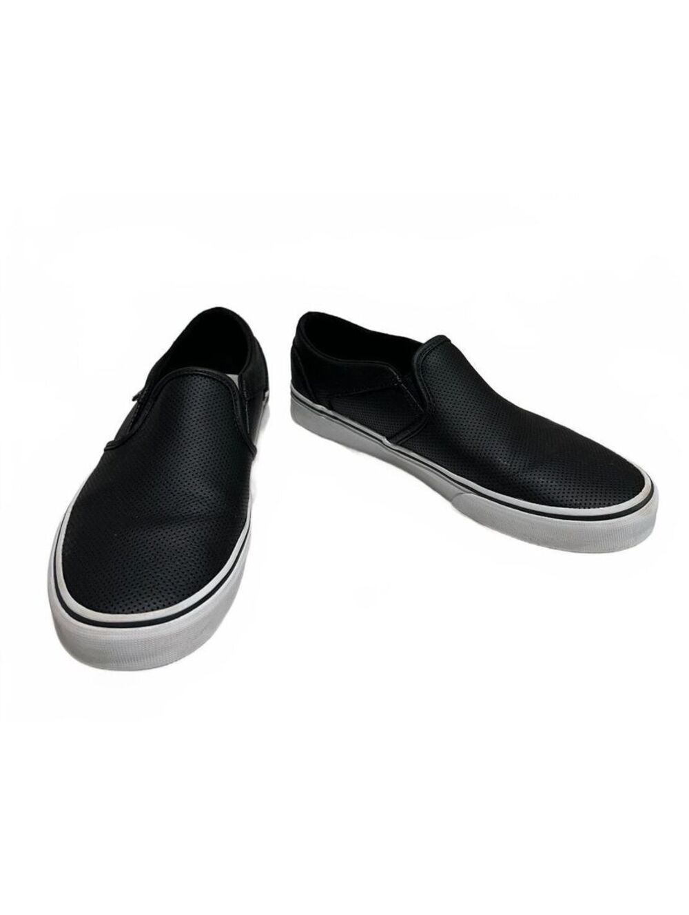 VANS "Off The Wall" Black Leather Slip-On Sneakers White Sole Woman's Size 10